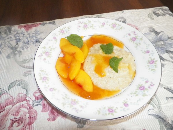 Baked Grits Pudding with Peach Sauce