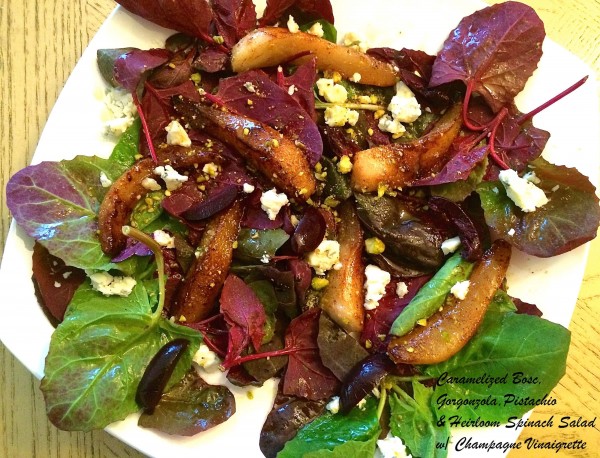 Pear, Gorgonzola, Pistachio and Spinach Salad