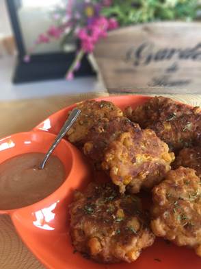 Beer Battered Corn Fritters with BBQ Ranch Sauce