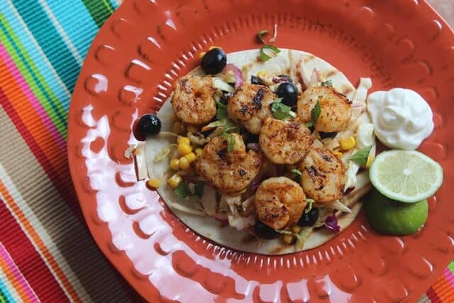 Grilled Shrimp Tostadas with Basil-Lime Blueberry Slaw