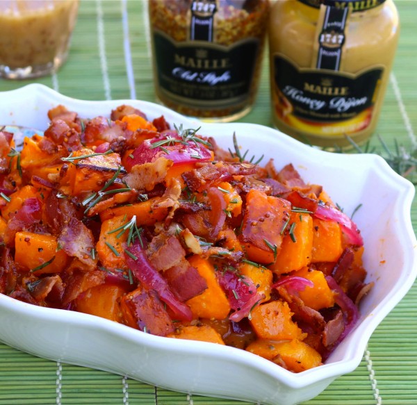 Rosemary Mustard Roasted Butternut Squash with Pickled Onions and Bacon