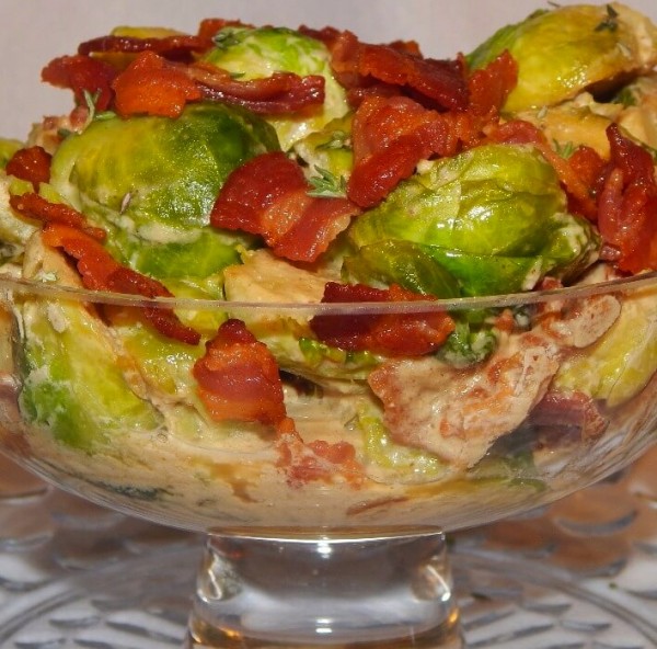 Roasted Brussels Sprouts with Mustard Pan Sauce and Bacon