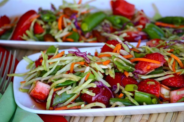 Snappy Broccoli Cole Slaw with Strawberries, Almonds, and Basil