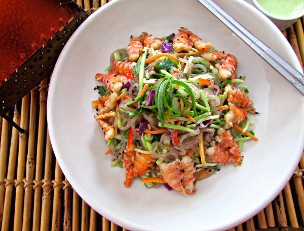 Broccoli Slaw and Shrimp Noodle Salad with Wasabi Miso Dressing