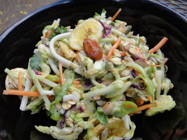 Tossed Broccoli Cole Slaw with Dried Bananas, Oats and Seeds