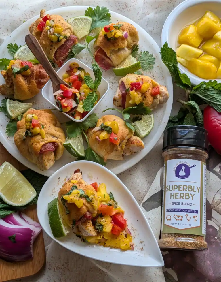 First Place: Chicks in a Blanket with Mango Salsa, Cindy Kerschner